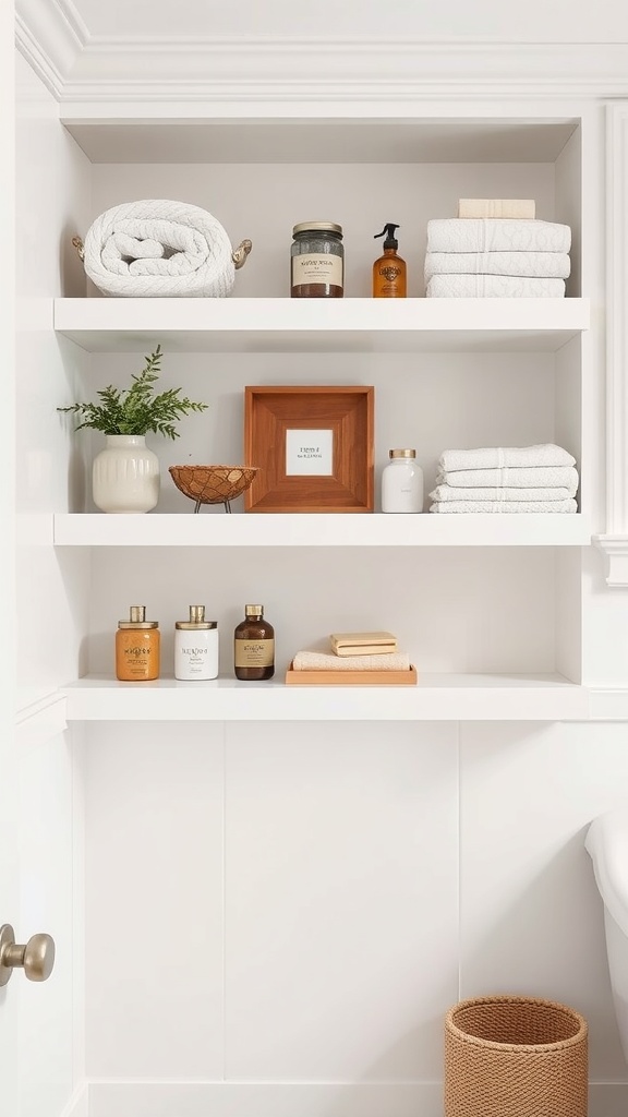 Open shelving in a gray and white bathroom displaying towels, plants, and beauty products