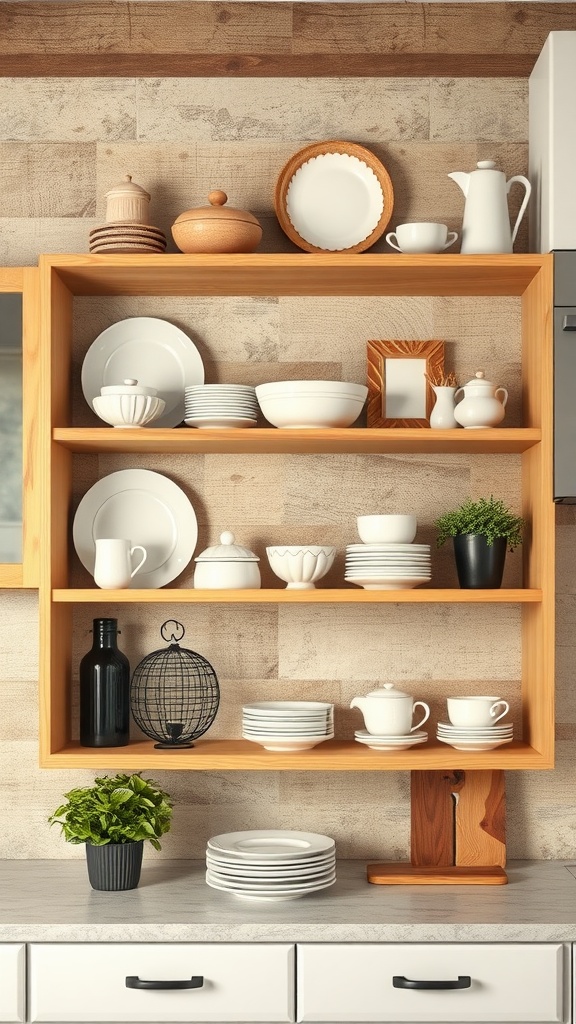 Open shelving in a rustic modern kitchen displaying ceramic plates, bowls, teapots, and a potted plant.