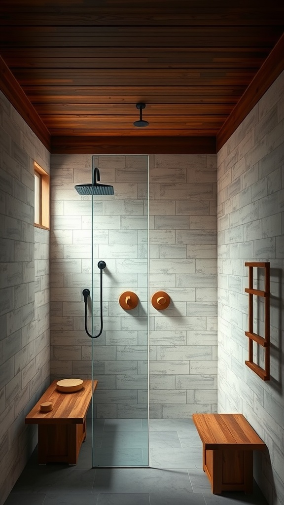 An open shower featuring wooden elements and glass walls, embodying a blend of Japandi and contemporary design.