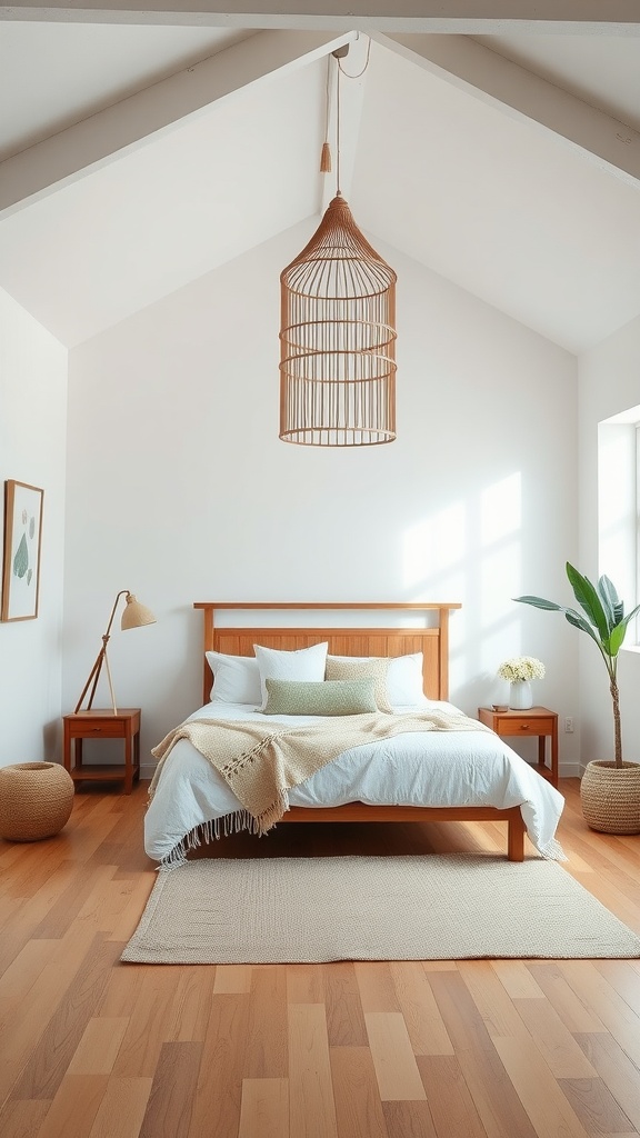 A minimalist boho bedroom featuring a wooden bed, natural light, and earthy decor.