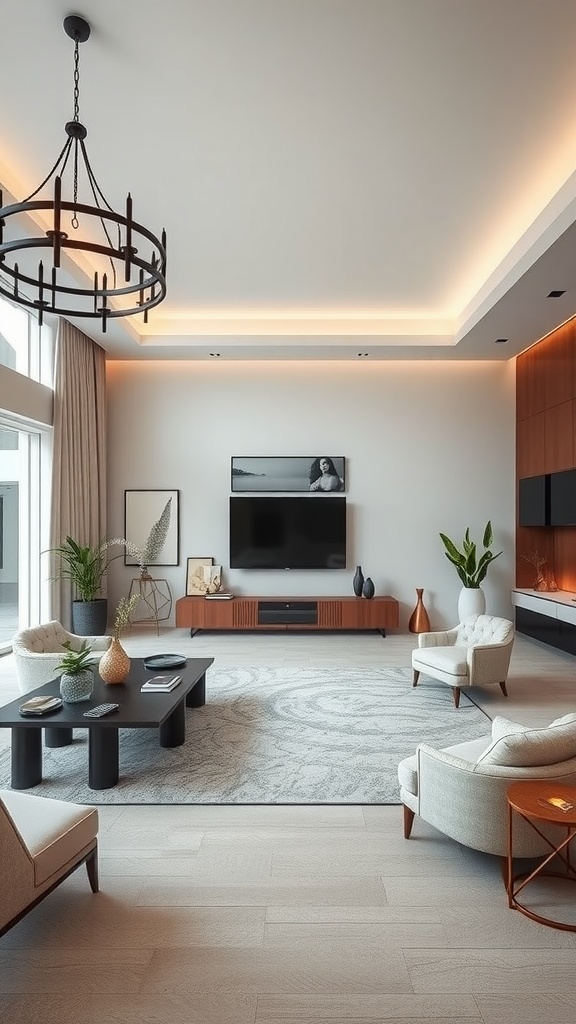 A stylish living room featuring a blend of Art Deco and contemporary design, showcasing an open space layout with elegant furnishings and warm lighting.