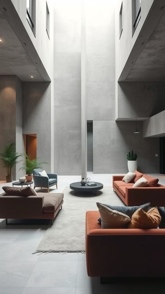 A minimalist living room featuring concrete walls and velvet sofas, showcasing a spacious design.