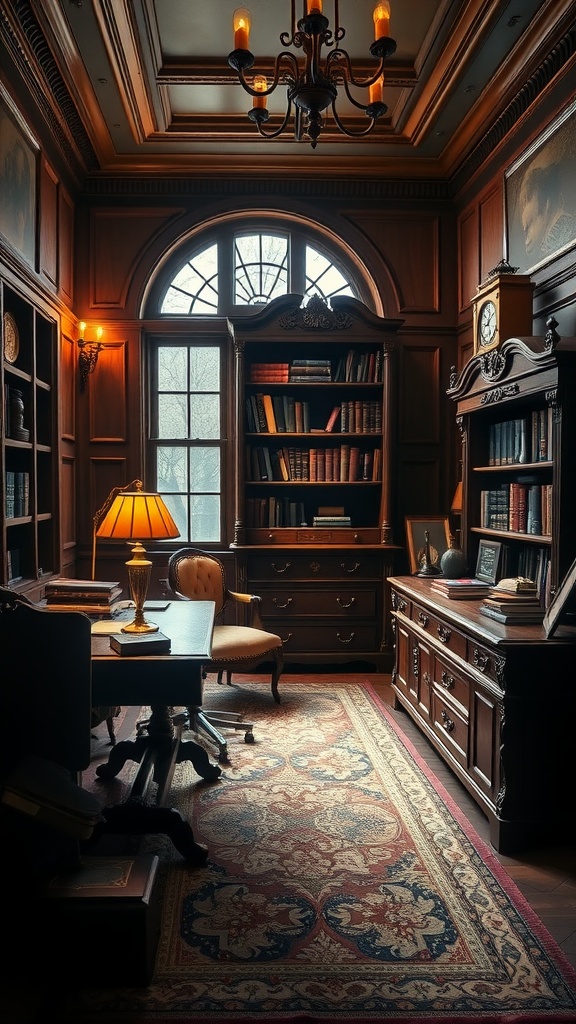 A cozy study room featuring dark wood furniture, bookshelves, a desk, and a warm lamp.