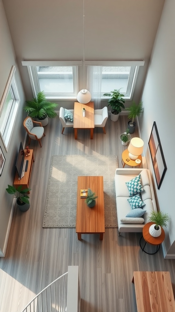 A small living room layout with a dining table, showing a bright and spacious design.