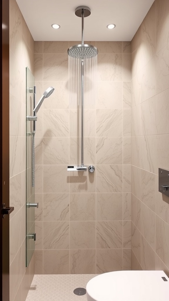 A modern shower with dual showerheads and a handheld option in a sleek, minimalist bathroom.