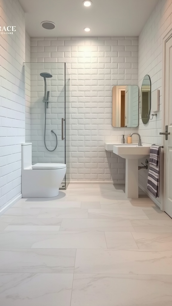 A small bathroom featuring large light-colored tiles on the floor, a modern shower, and a sleek sink.