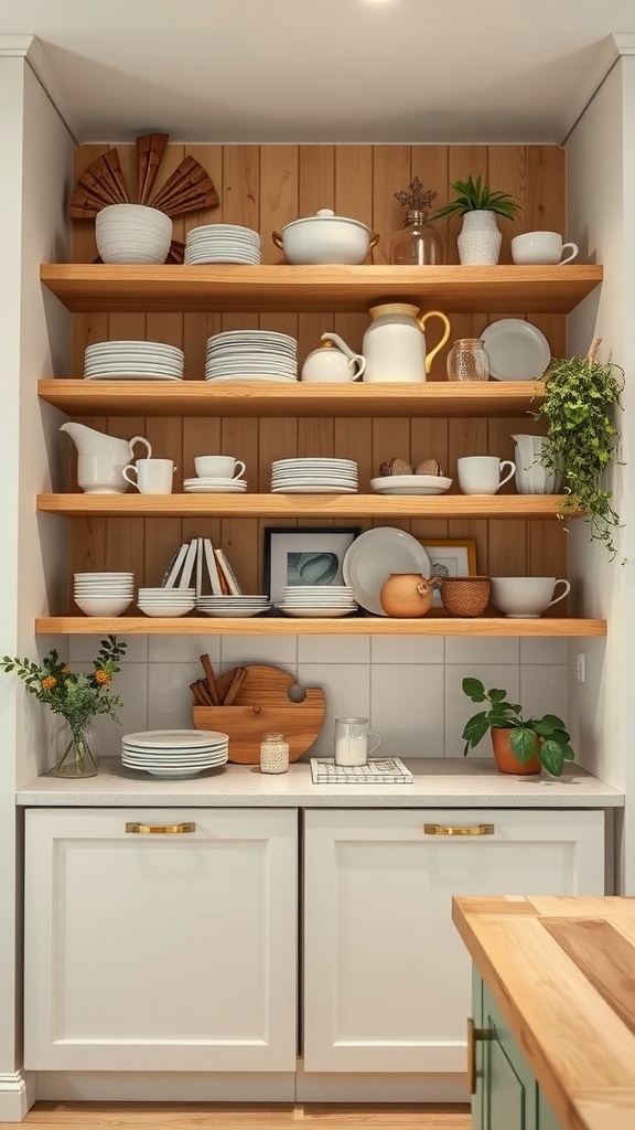Open shelving in a kitchen displaying plates, cups, and decorative items