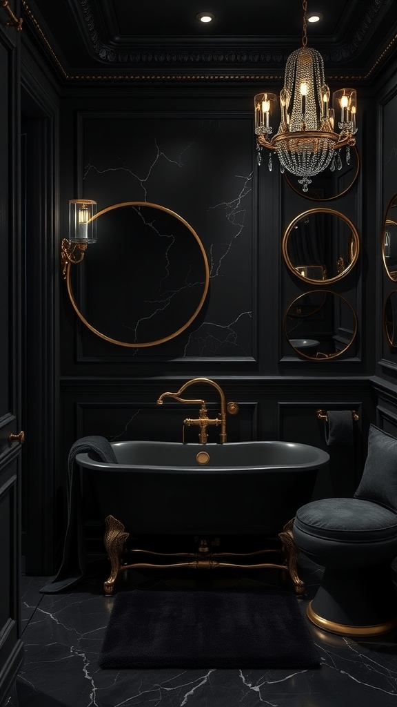 Luxurious black bathroom with gold accents, featuring a freestanding bathtub, chandelier, and decorative mirrors.