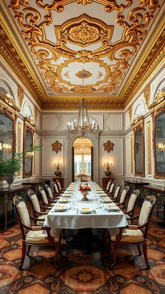 Luxurious Italian dining room with gold leaf ceiling and elegant dining setup