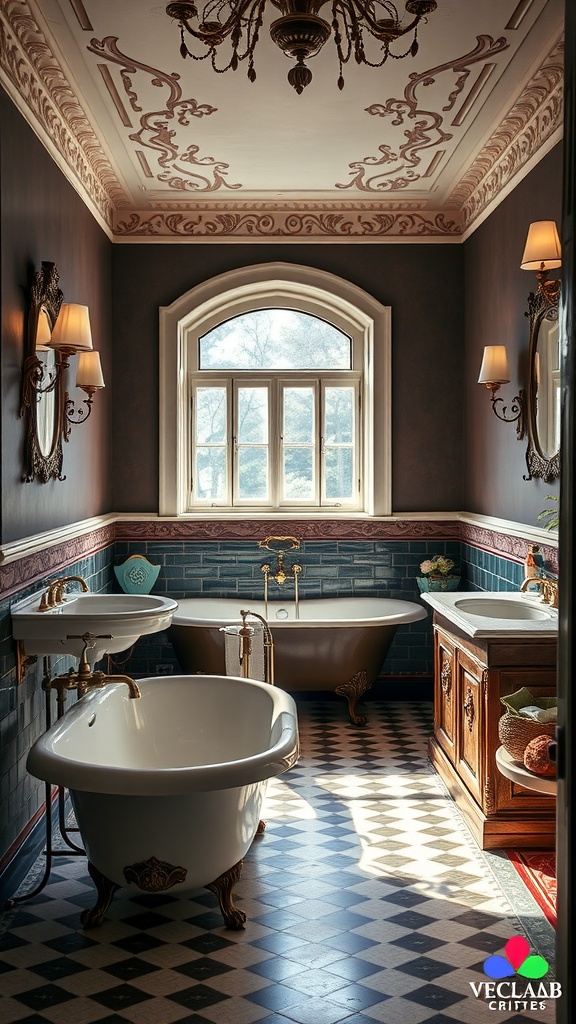 Victorian-style bathroom with freestanding bathtubs, elegant ceiling design, and antique fixtures.