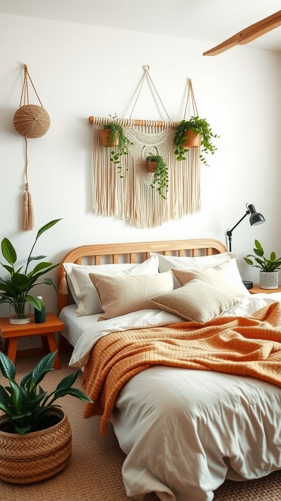 A cozy boho bedroom featuring soft white bedding, an orange throw blanket, and various indoor plants, enhanced by macramé wall decor.