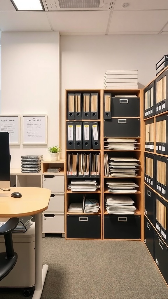 An organized office space with filing cabinets, binders, and a simple desk.
