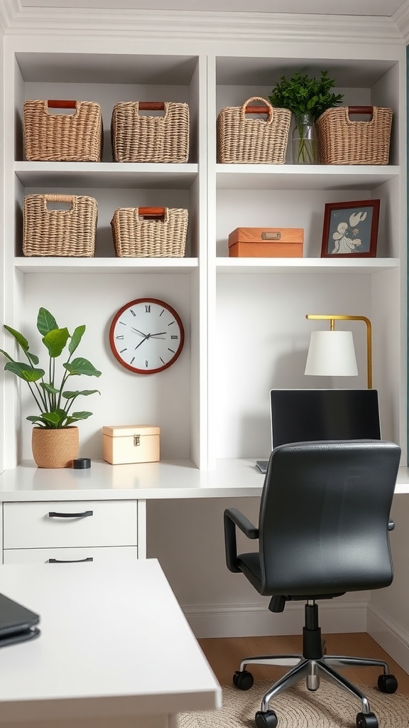 A well-organized home office with decorative woven baskets on shelves, a clock, and a plant.