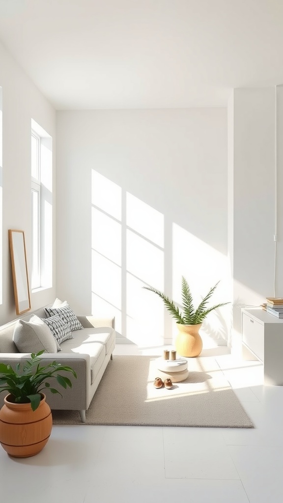 A bright and airy living room featuring Origami White paint on the walls, with a comfortable sofa, plants, and natural light.