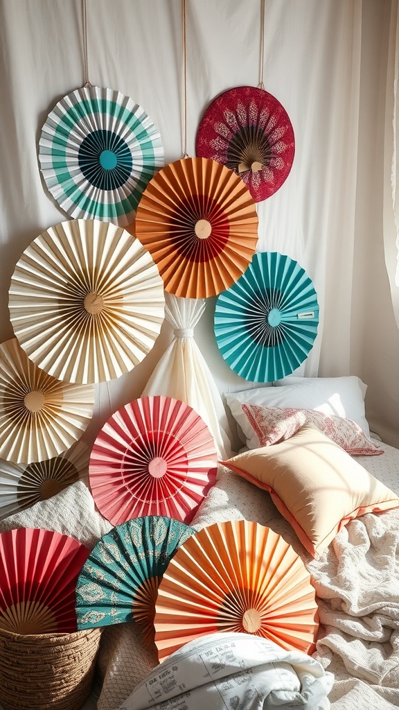 Colorful ornamental fans hanging on a wall in a cozy bedroom setting