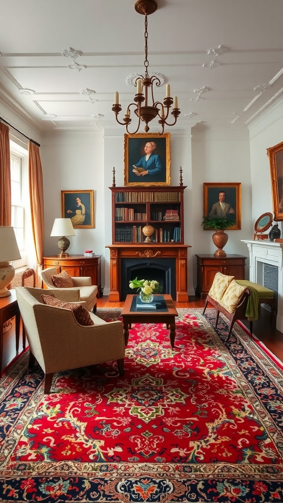 A luxurious living room featuring an ornate red area rug, classic furniture, and elegant decor.