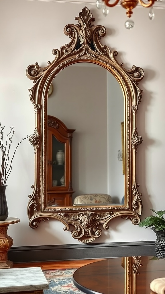 An ornate golden mirror with intricate carvings reflecting Gothic charm