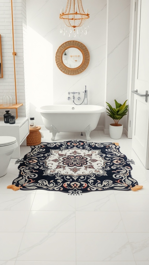 A beautiful ornate rug in a modern bathroom setting