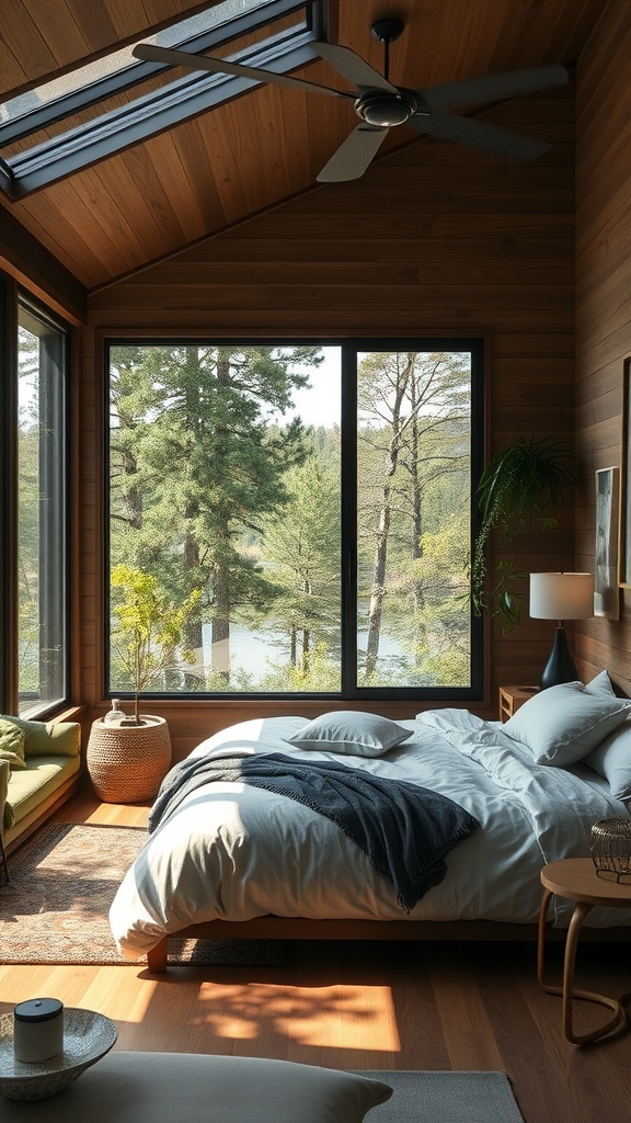 A cozy bedroom with large windows showing a view of trees and water, wooden walls, and soft bedding.