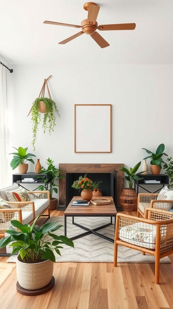 A cozy living room featuring rattan chairs, a wooden coffee table, and numerous plants, creating an outdoor-inspired decor.