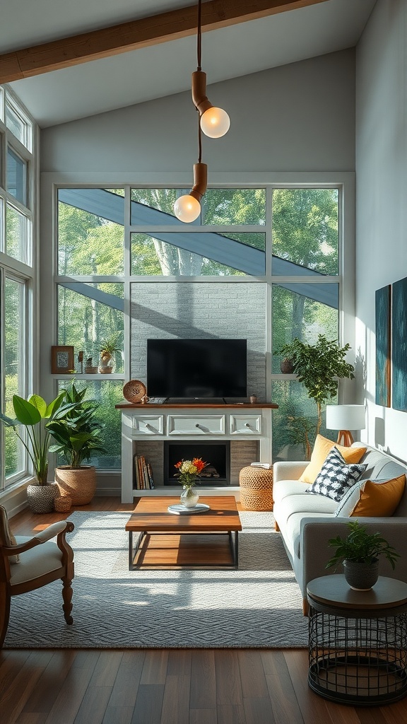 Bright living room with large windows, modern hanging lights, and plants, showcasing outdoor-inspired lighting elements.