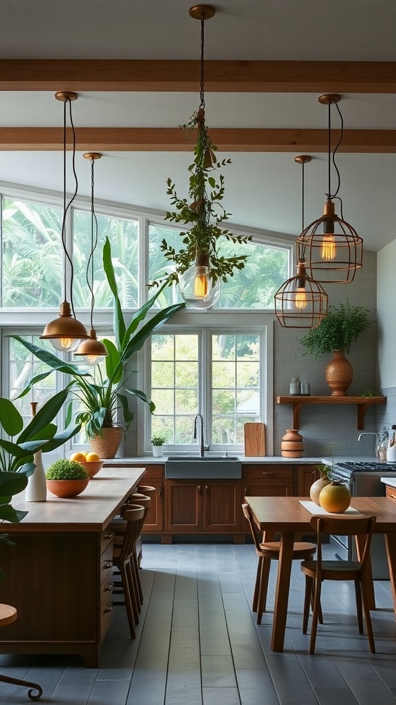 A beautifully lit kitchen with hanging light fixtures that feature greenery, wooden beams, and a modern rustic design.