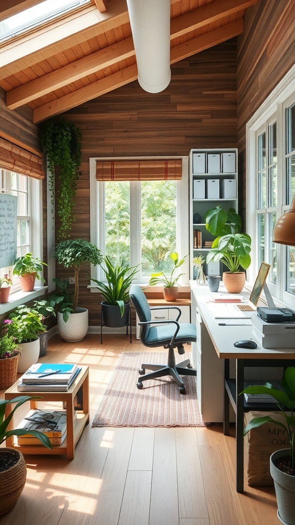 Bright and plant-filled office-craft room with large windows and wooden accents