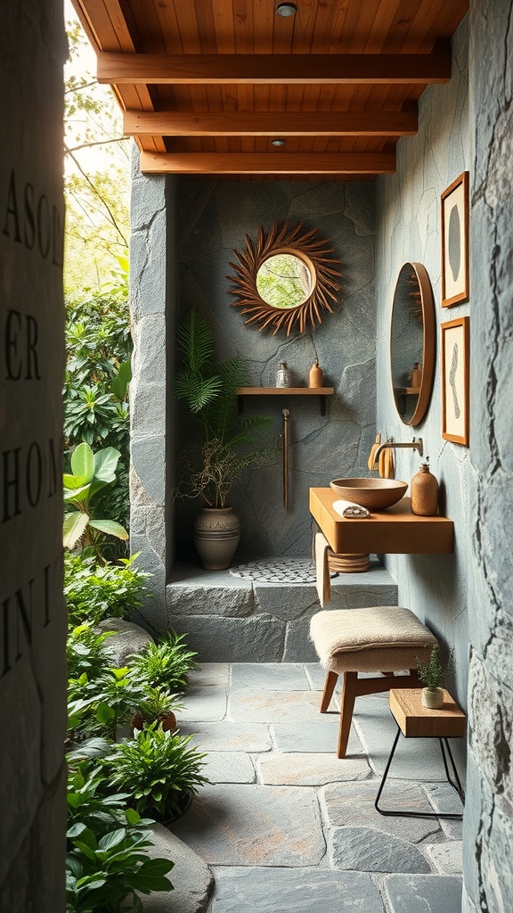 Aesthetic bathroom with natural stone walls, wooden ceiling, and plants, showcasing an outdoor-inspired retreat.