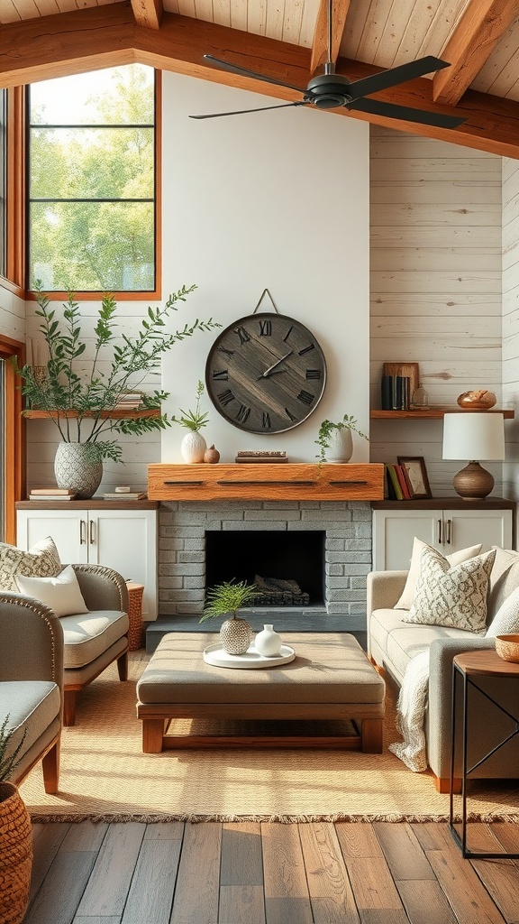A rustic-inspired modern living room with large windows, wooden beams, and cozy seating.