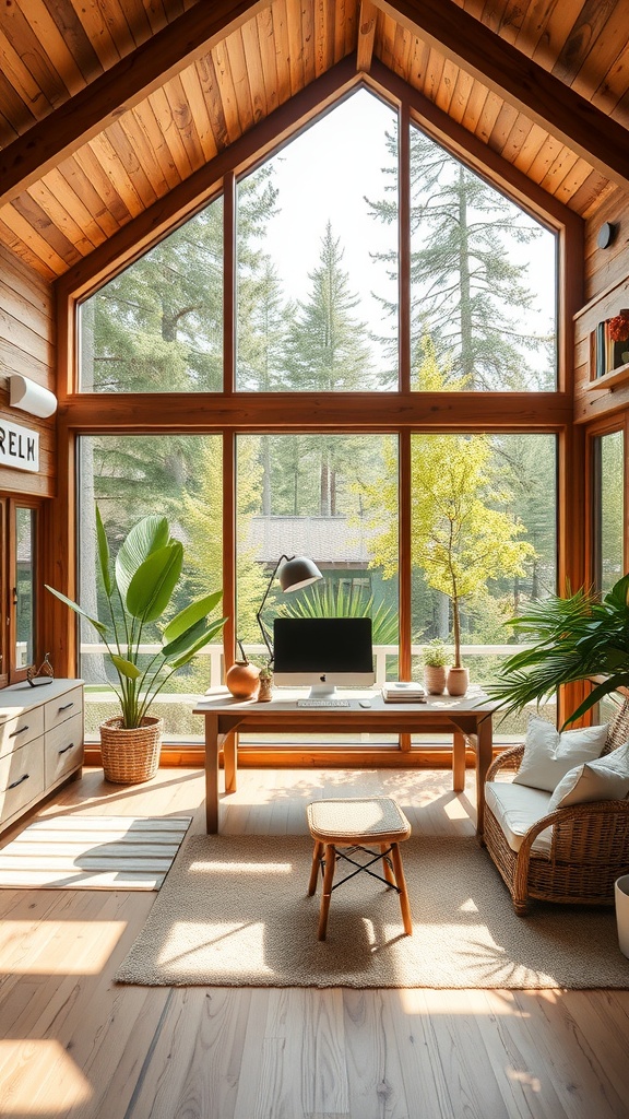 A modern home office featuring large windows, wooden accents, plants, and a desk with a computer.