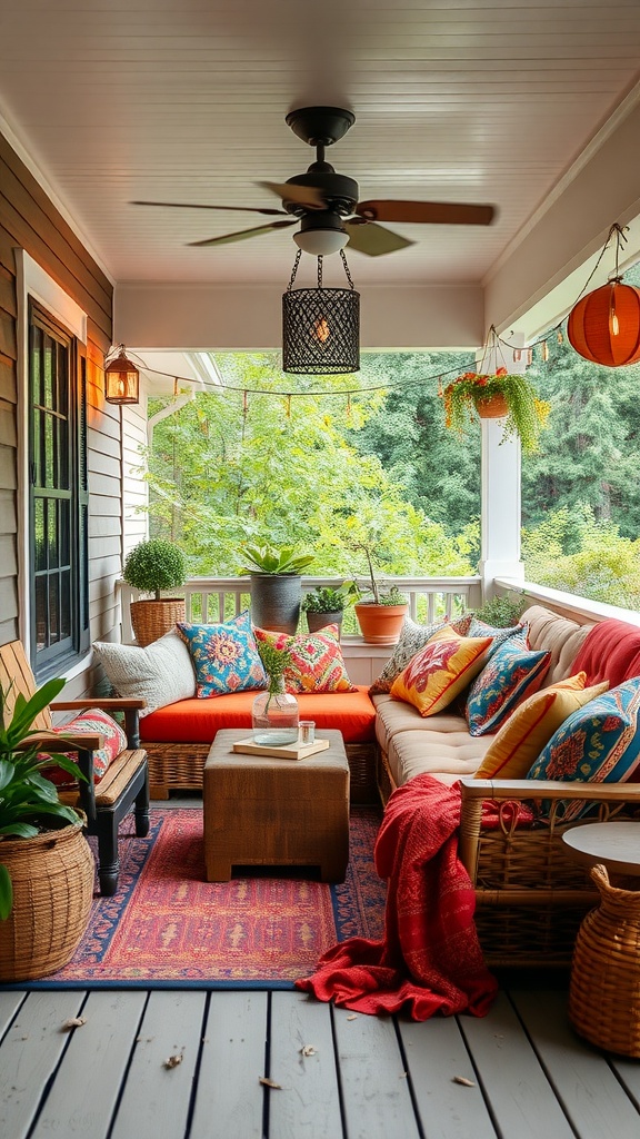 A cozy outdoor seating area on a back porch featuring colorful cushions, a wooden coffee table, and decorative plants.