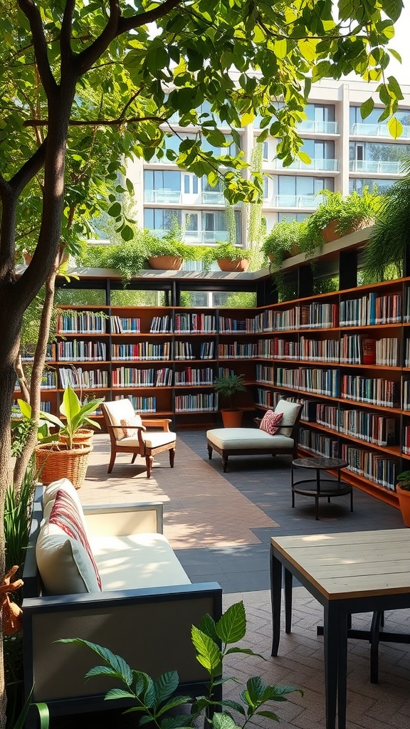 Outdoor library space with comfortable seating, lush plants, and bookshelves