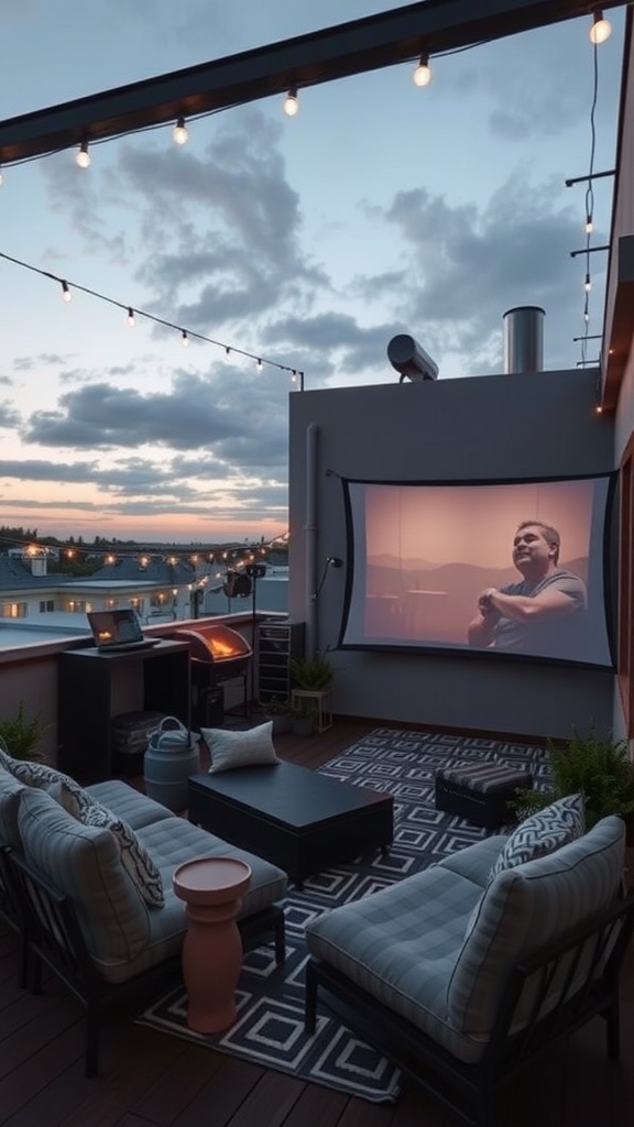 A cozy outdoor movie setup on a small balcony with a projector, comfy seating, and string lights.