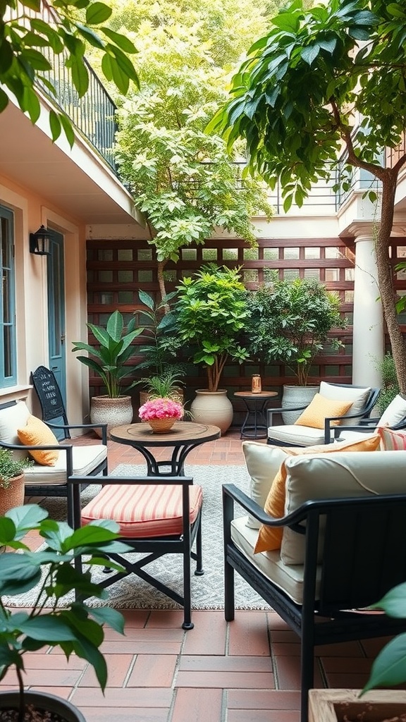 Cozy outdoor patio workspace with comfortable seating and greenery