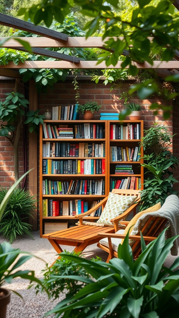 Cozy outdoor reading area featuring a bookshelf surrounded by greenery and comfortable seating.