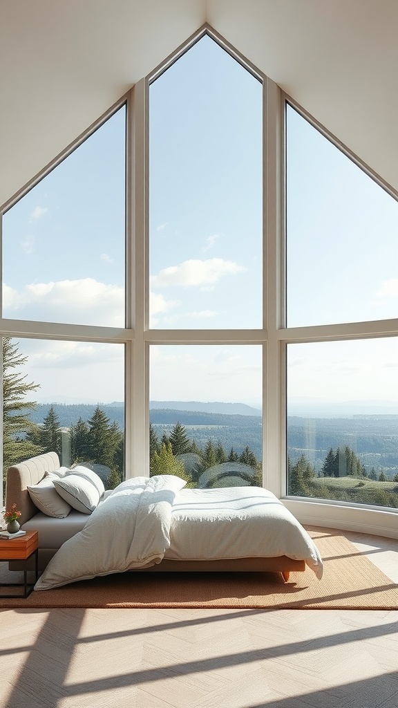 A master bedroom with large windows showcasing outdoor views of trees and mountains.