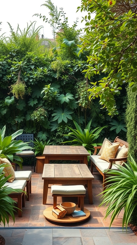 A cozy outdoor workspace with wooden tables and lush green plants surrounding it.