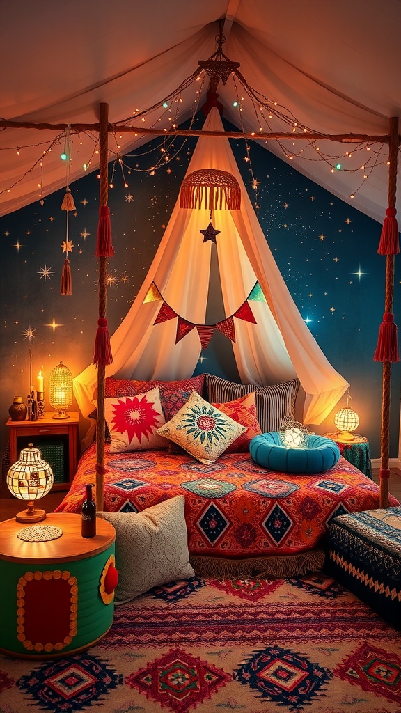 Cozy boho-style bedroom with a space theme featuring a tent, vibrant bedding, cushions, and warm lighting.