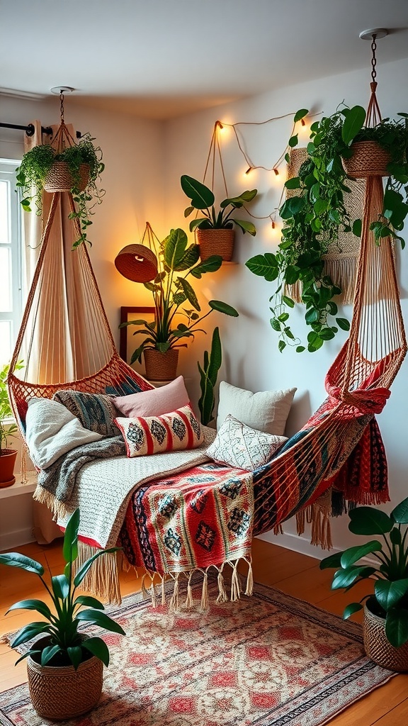 A boho style bedroom featuring a hammock over the bed surrounded by plants and warm lighting.