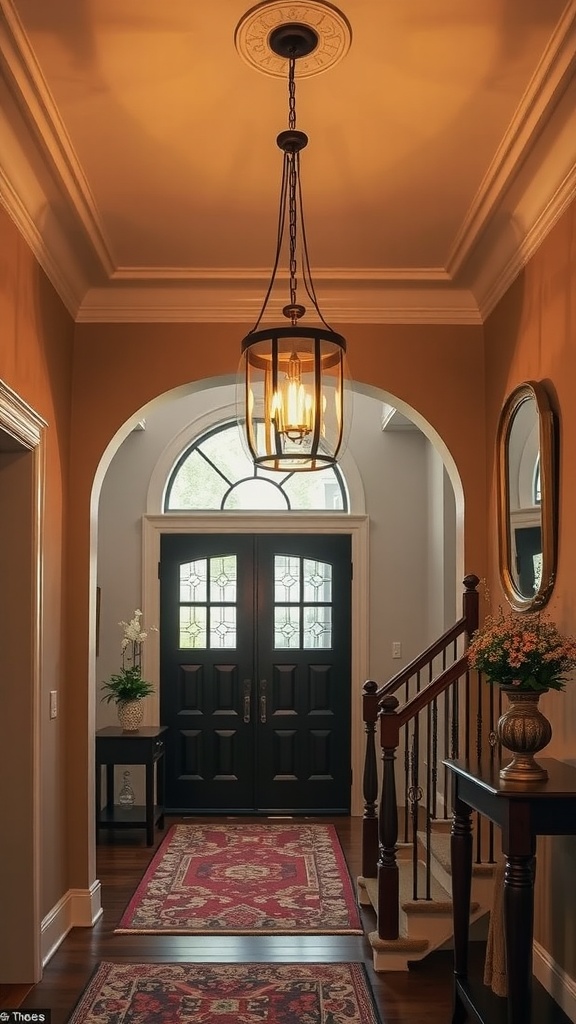 Entrance hall featuring a stylish overhead pendant light, warm tones, and elegant decor.