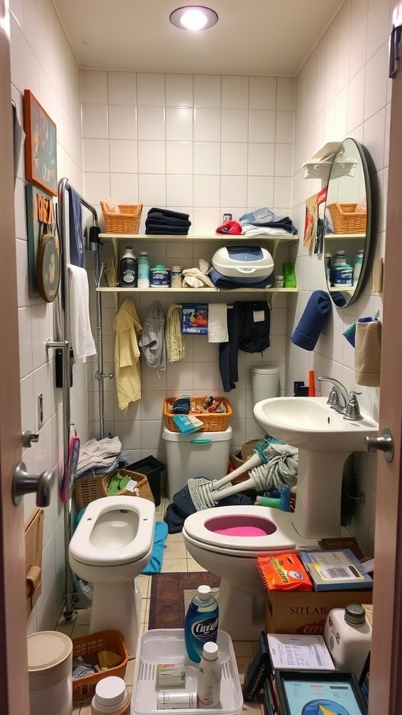 Cluttered bathroom with various items and no clear storage solutions.