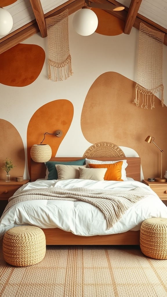 A cozy boho-themed bedroom featuring oversized abstract murals in warm tones.