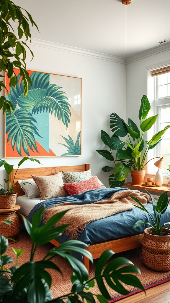 A Boho jungle themed bedroom featuring oversized art with palm leaves, plants, and a cozy bed.