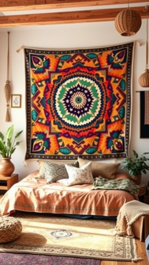 A colorful oversized tapestry hanging on a wall above a cozy daybed, surrounded by plants and decorative pillows in a Boho style bedroom.