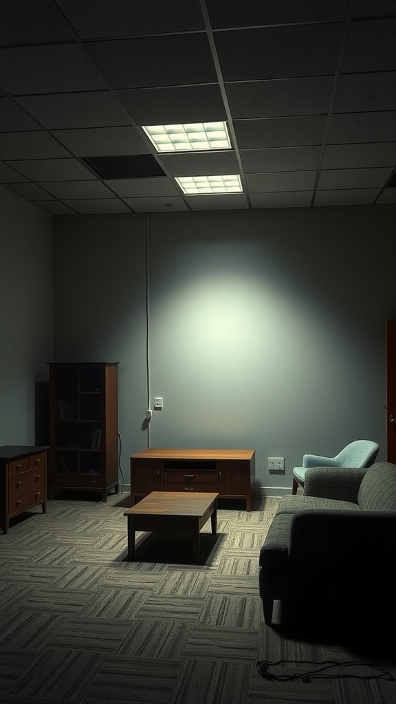 A room with harsh overhead lighting, showcasing shadows and uninviting atmosphere.