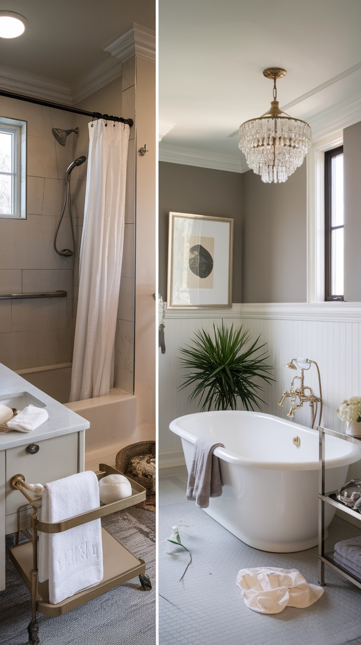 Before image of an Owner's Suite bathroom with a freestanding bathtub, neutral tones, and a skylight.