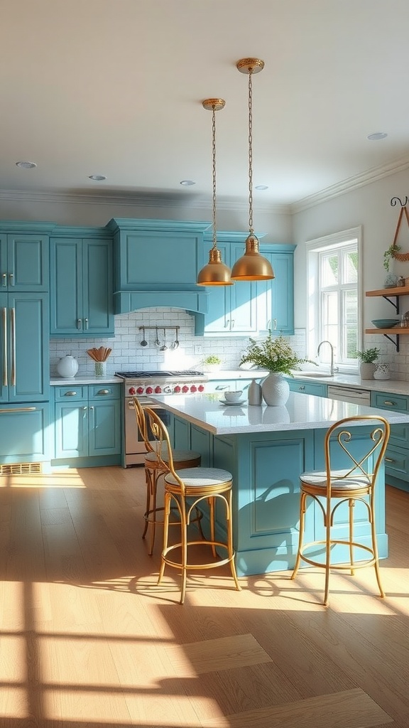 A bright kitchen with soothing blue cabinetry and stylish golden light fixtures.
