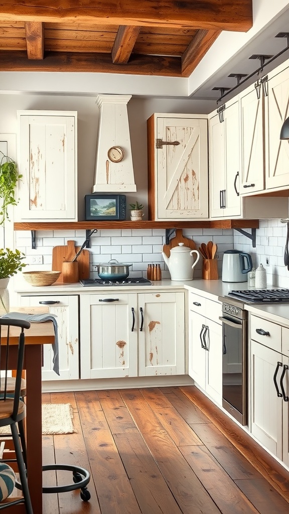 A cozy farmhouse kitchen featuring painted barn door cabinets, wooden accents, and modern black hardware.