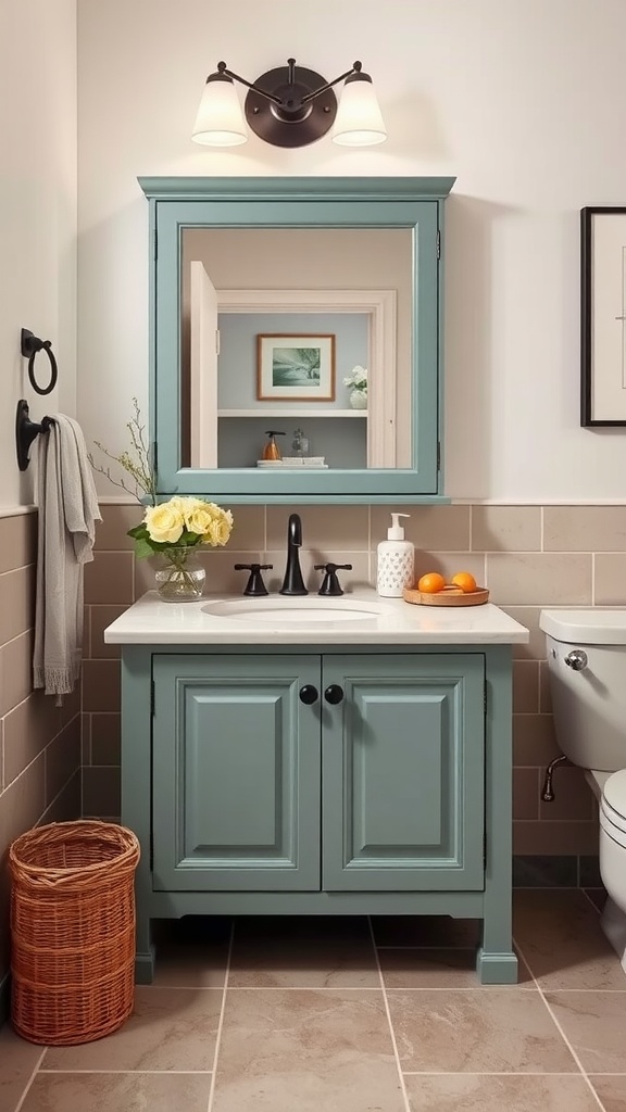 A refreshed bathroom cabinet in a calming blue color with a modern sink and decor.