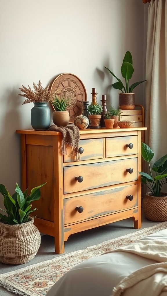 A wooden dresser with potted plants and decorative items in a boho style bedroom.